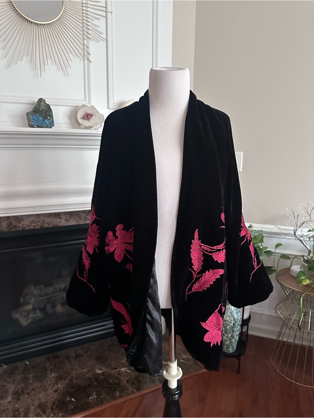 Boho Chico's Black Velvet Open Jacket with Red Floral Embroidery